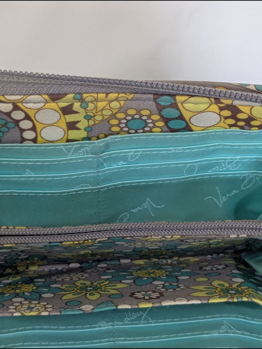 Vera Bradley Zip Around Wallet Paisley Floral Quilted Cotton Gray Yellow Blue - Picture 9 of 13